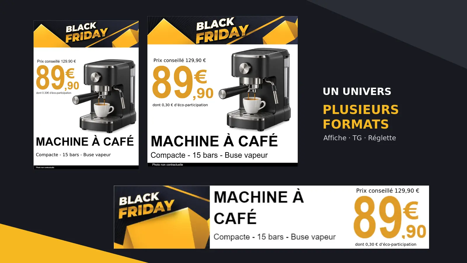 Collection Black Friday avec affiche portrait, tête de gondole carrée et réglette complétées avec une machine à café