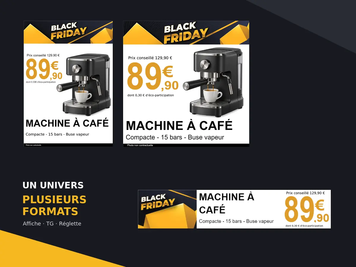Collection Black Friday déclinée en affiche portrait, tête de gondole et réglette pour la communication en magasin
