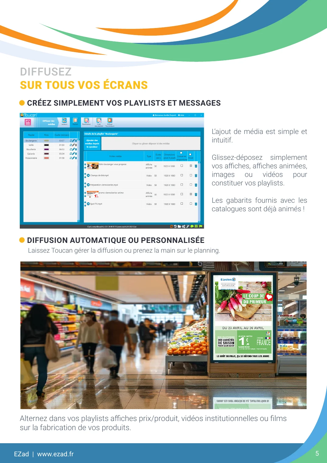 Page de la brochure Toucan présentant la diffusion de contenus sur écrans