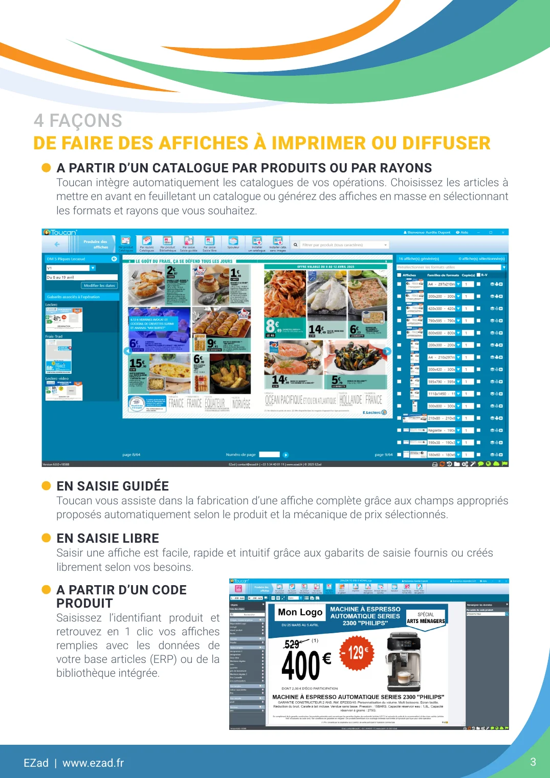 Page de la brochure Toucan présentant les quatre façons de créer des affiches