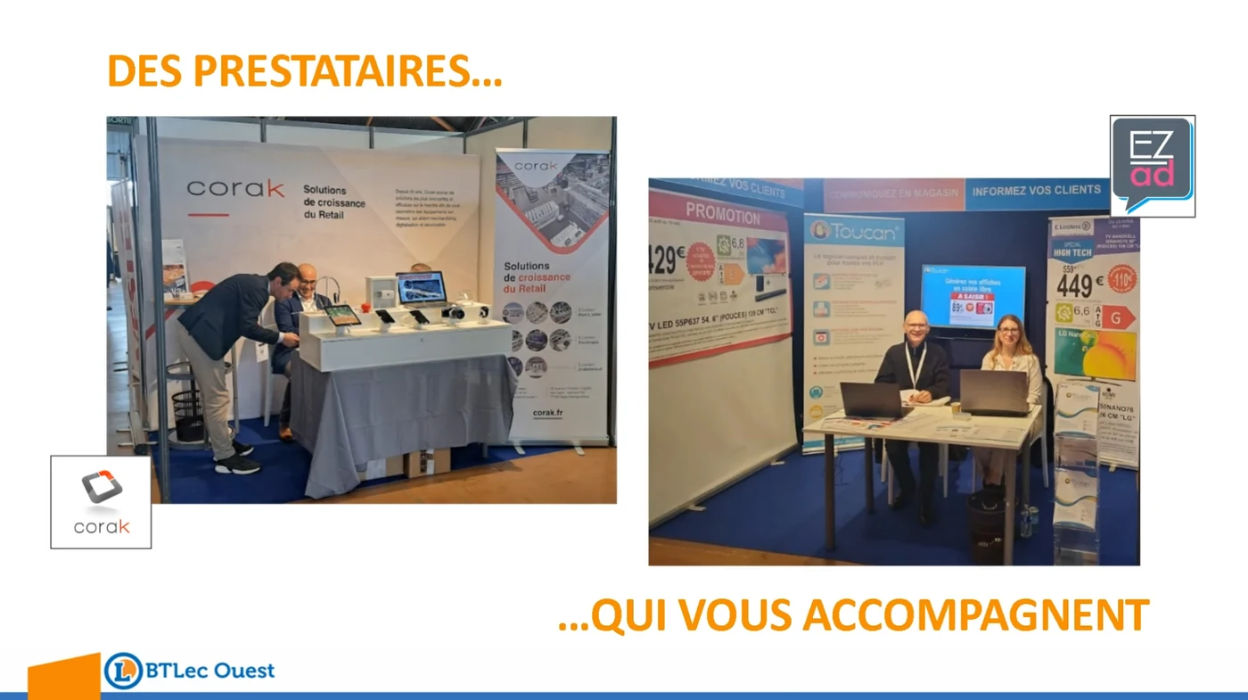 Marilyne Ailliot et la direction d’EZad sur le stand BTLEC, devant les supports et l’écran de démonstration Toucan