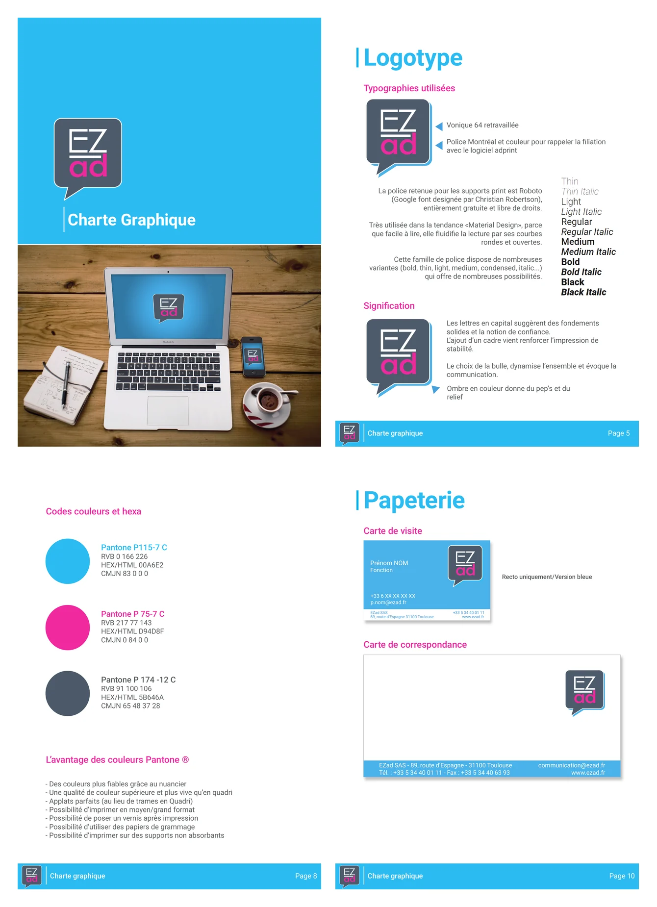 Extraits de la charte graphique EZad conçue en 2017 : couverture, construction du logotype, palette de couleurs et papeterie