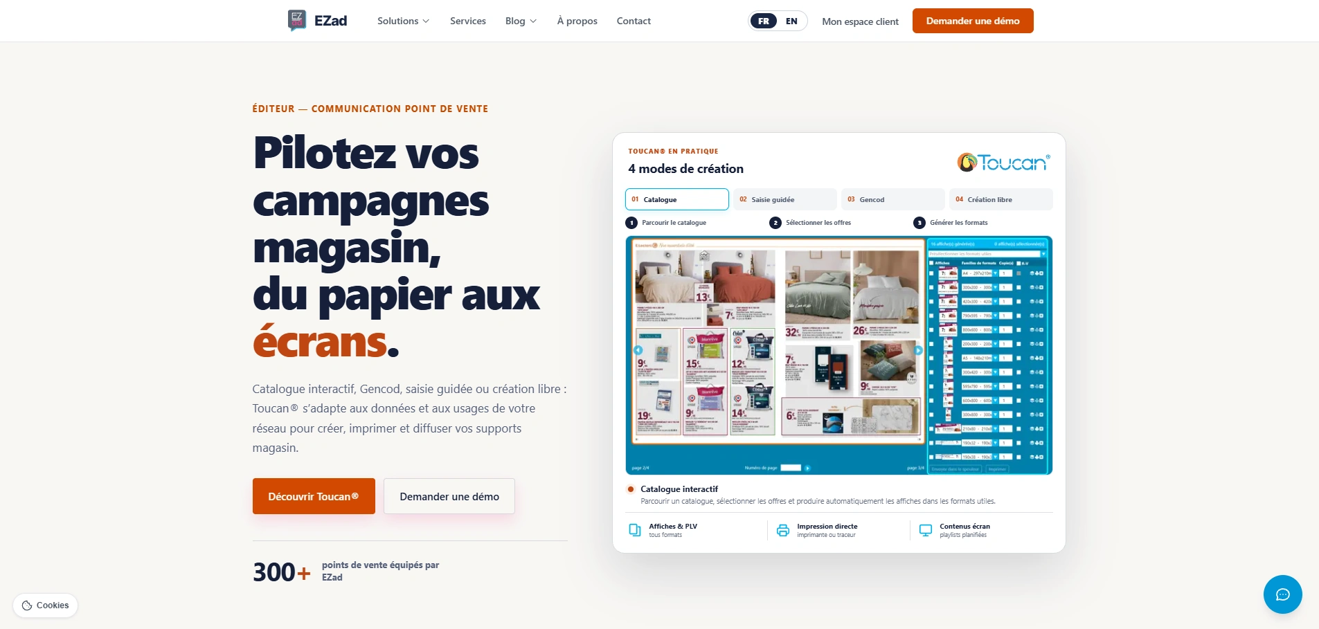 Nouvelle page d’accueil du site EZad, présentant Toucan et les campagnes magasin