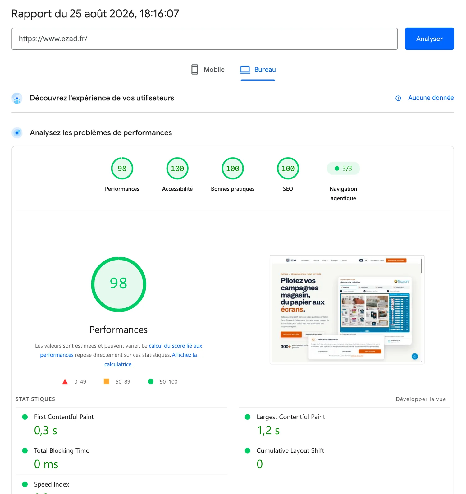 Rapport PageSpeed Insights du site EZad : 98 en performance et 100 en accessibilité, bonnes pratiques et SEO