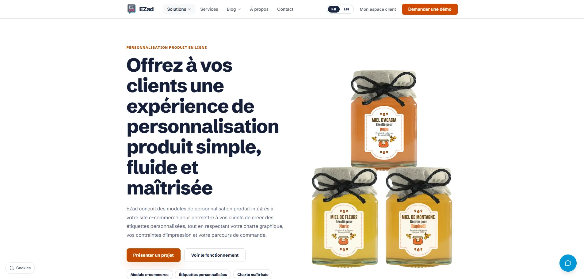 Page de présentation de la solution de personnalisation produit du nouveau site EZad