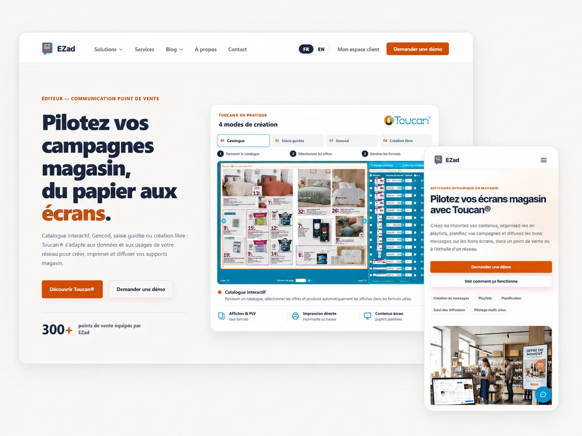 Aperçu responsive de la refonte du site EZad, avec la page d’accueil sur desktop et une page solution sur mobile
