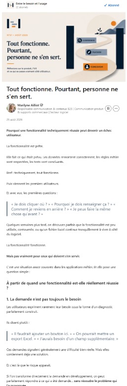 Couverture du premier numéro de la newsletter Entre le besoin et l’usage