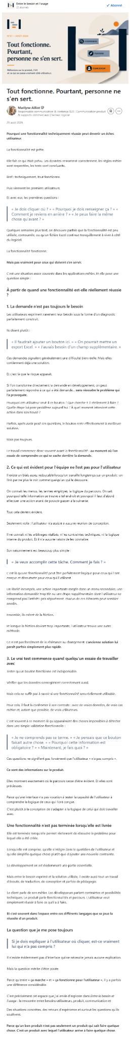 Premier numéro de la newsletter Entre le besoin et l’usage : Tout fonctionne. Pourtant, personne ne s’en sert.