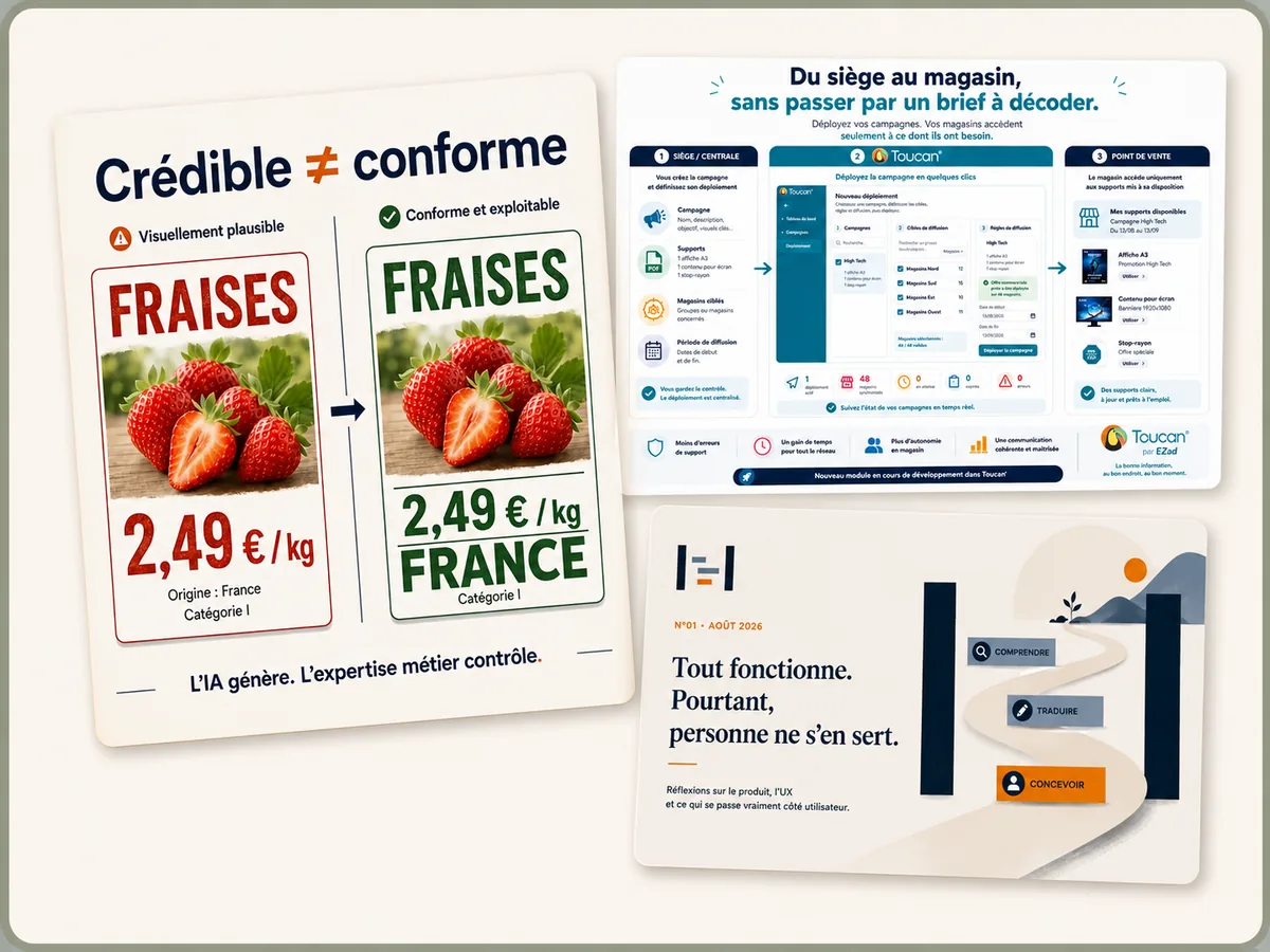 Sélection de contenus B2B avec le visuel Crédible n’est pas égal à conforme, un schéma de déploiement de campagne et la newsletter Entre le besoin et l’usage