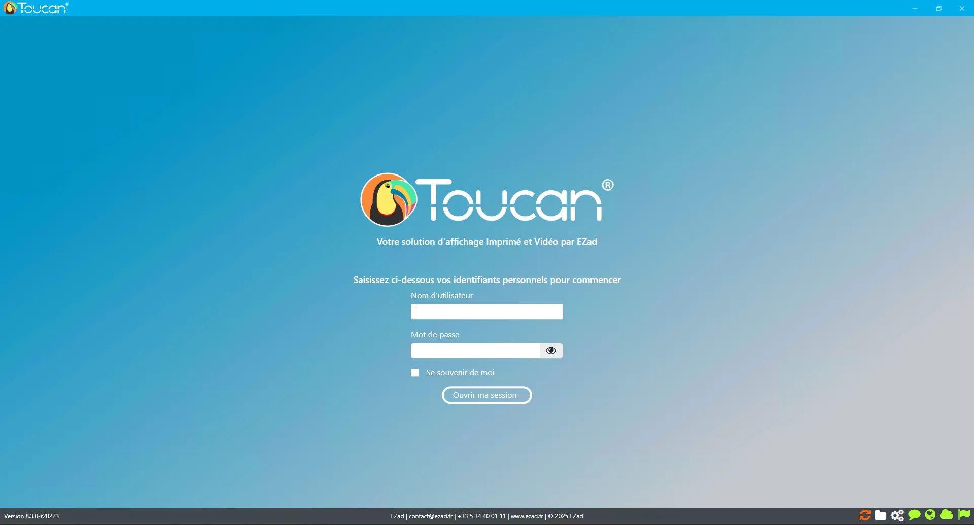 Premier écran de connexion Toucan utilisant l’identité visuelle finalisée