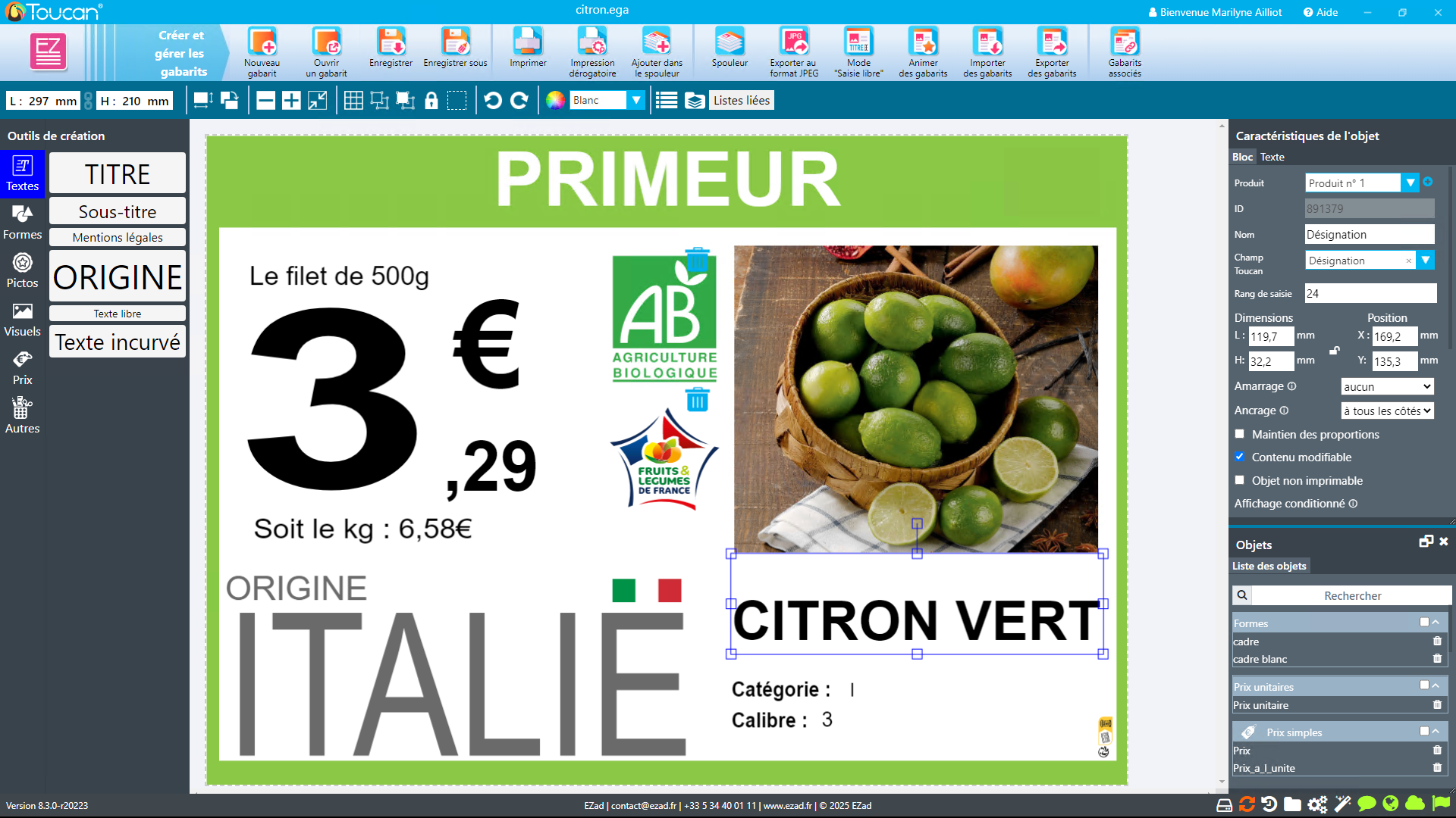 Version actuelle de l’interface de création de Toucan