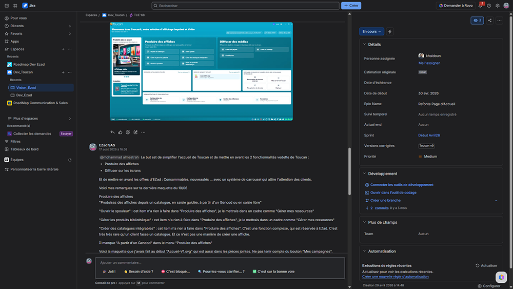 Ticket Jira de la refonte de l’accueil Toucan, avec la maquette et les recommandations d’ergonomie transmises au développement