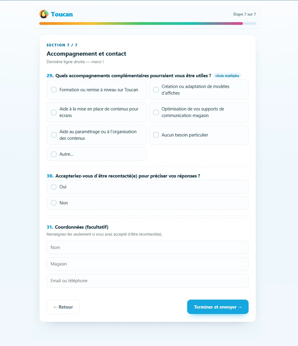 Dernière étape du questionnaire Toucan consacrée aux besoins d’accompagnement et à la possibilité d’être recontacté pour préciser les réponses