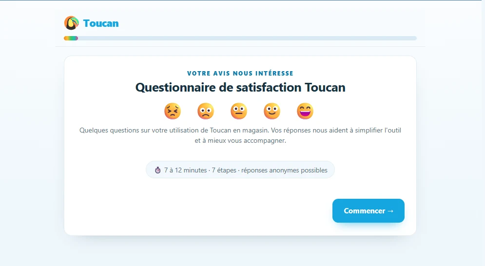 Écran d’introduction du questionnaire de satisfaction Toucan, avec durée estimée, progression et possibilité de réponse anonyme