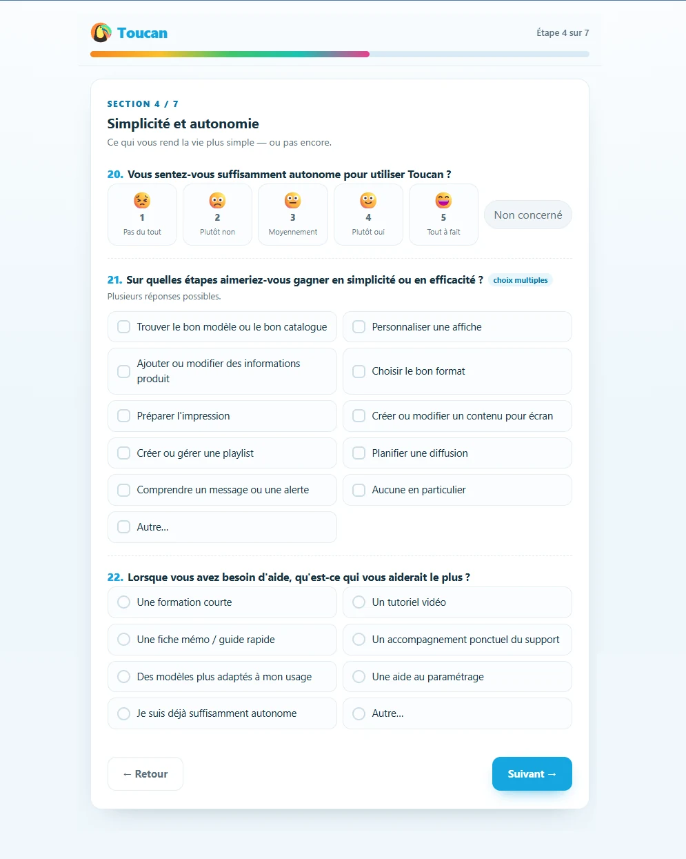 Étape du questionnaire Toucan consacrée à la simplicité, à l’autonomie et aux étapes sur lesquelles les utilisateurs souhaitent gagner en efficacité