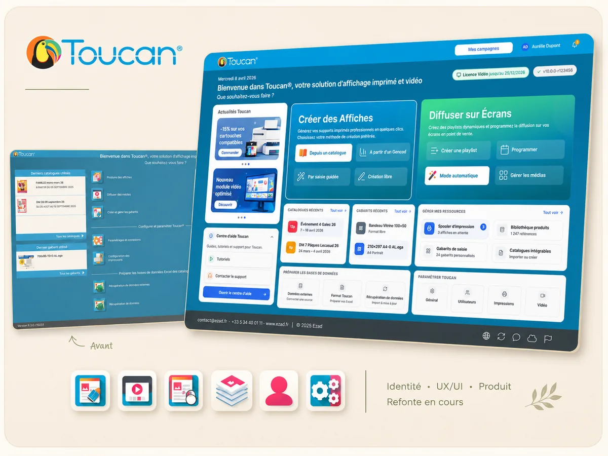 Aperçu du projet Toucan® montrant l’évolution de l’interface, la refonte 2026 et une sélection d’icônes produit